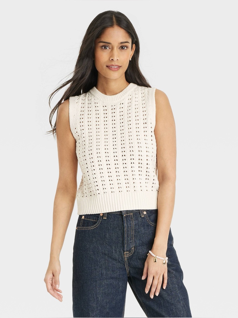 Universal Thread Cream Openwork Sweater Vest M | Cotton Knit | Preppy Chic